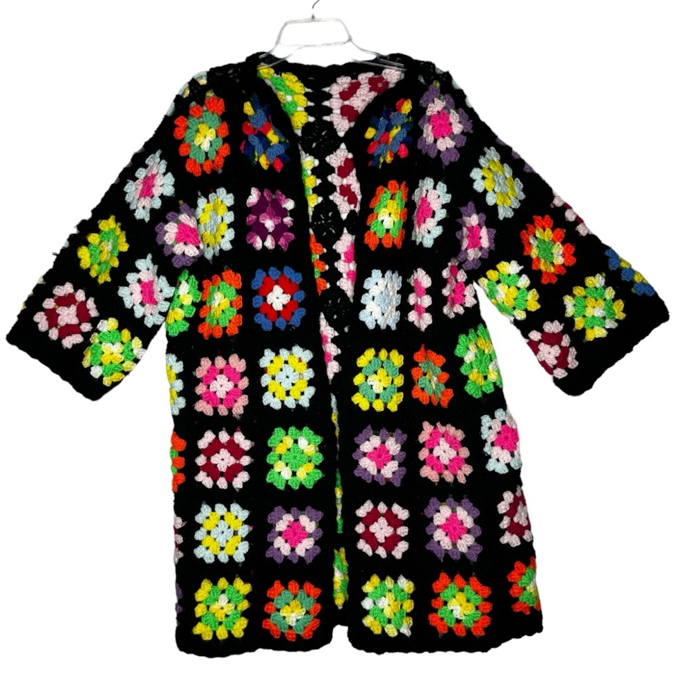 Granny Square sweater open front cardigan Handmade Crochet jacket black M/L